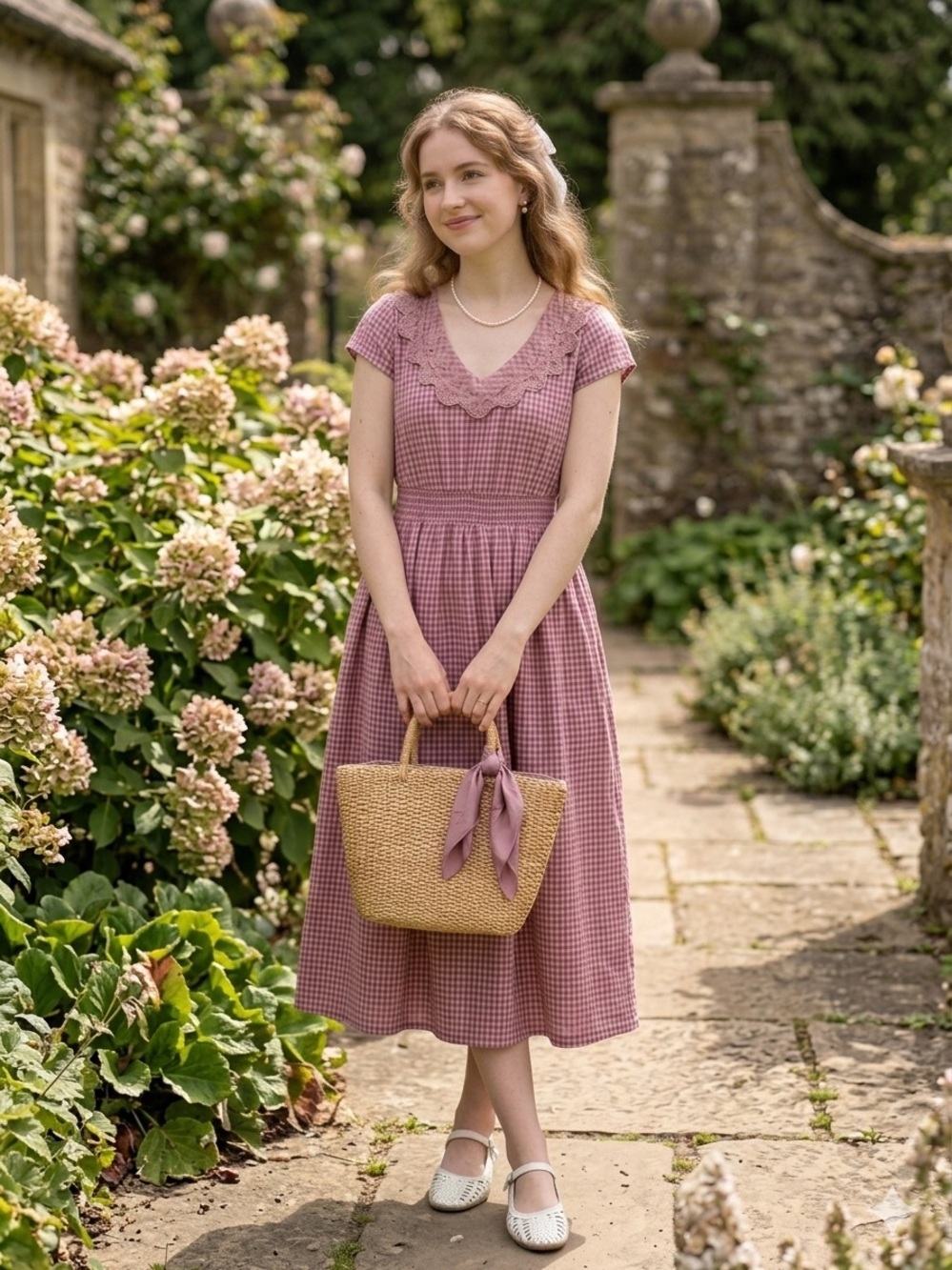 Vintage April Cornell midi dress gingham cotton sweetheart neckline lace detail - Picture 2 of 15